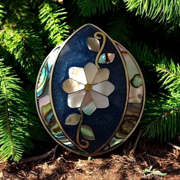 Alpaca Pendant Brooch Pin Abalone Shell Vintage Mexico Inlaid Floral Silver Tone - Picture 13 of 15